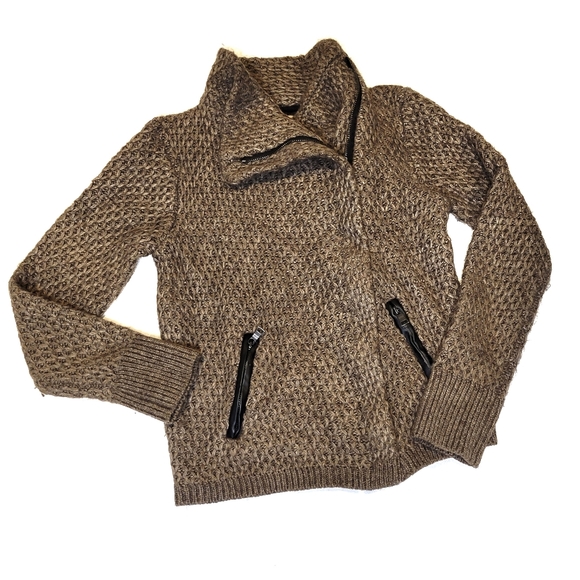 LOFT Brown Knit Moto Jacket Sweater Asymmetrical Zip Faux Leather Trim - Picture 1 of 5